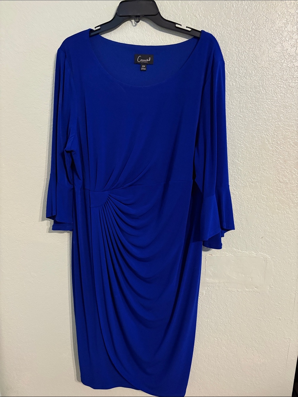 connected apparel Cobalt Blue Draped Midi Dress with Gathered Waist